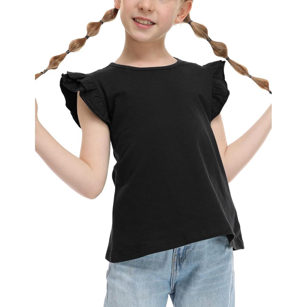 image:imageArshiner Girls Shirts Ruffle Short Sleeve Summer Cute Casual Crewneck Tops Blouse TeeBlack