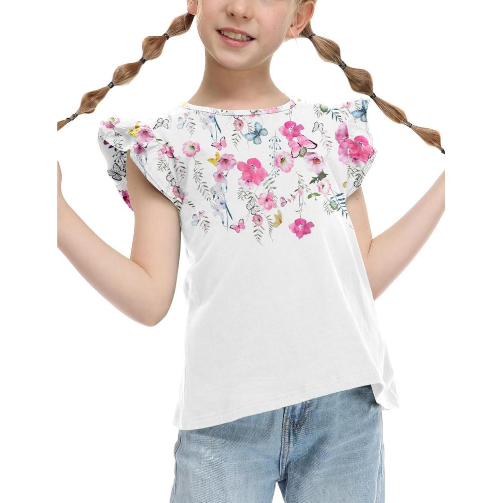 image:imageArshiner Girls Shirts Ruffle Short Sleeve Summer Cute Casual Crewneck Tops Blouse TeeWhite Flower