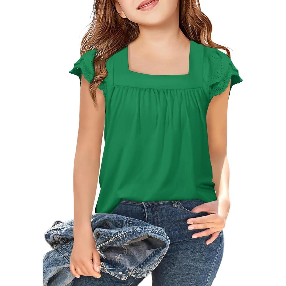 image:imageArshiner Girls Shirts Short Sleeve Square Neck Summer Lace Openwork Pleated Tops Blouse TunicGreen
