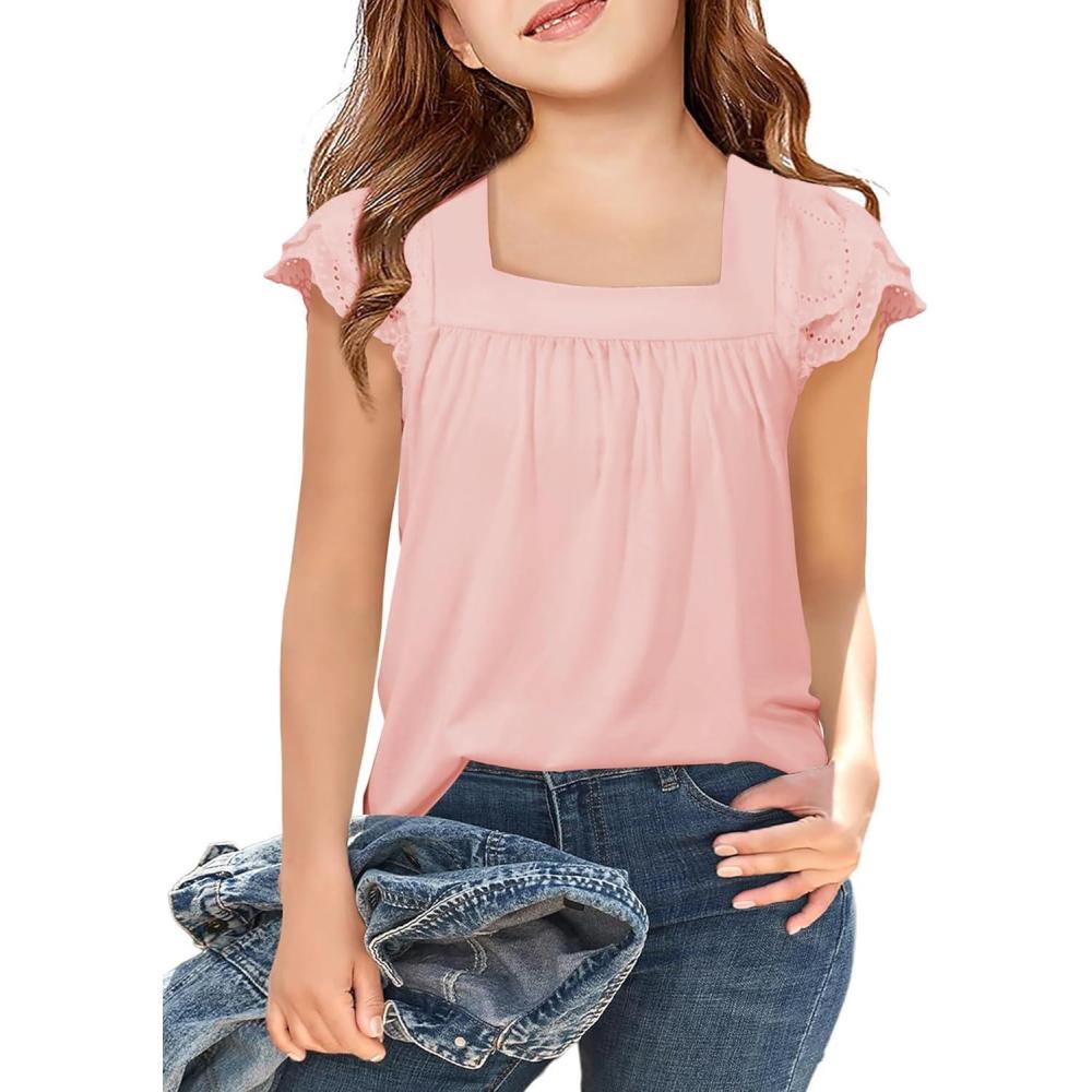 image:imageArshiner Girls Shirts Short Sleeve Square Neck Summer Lace Openwork Pleated Tops Blouse TunicLight Pink