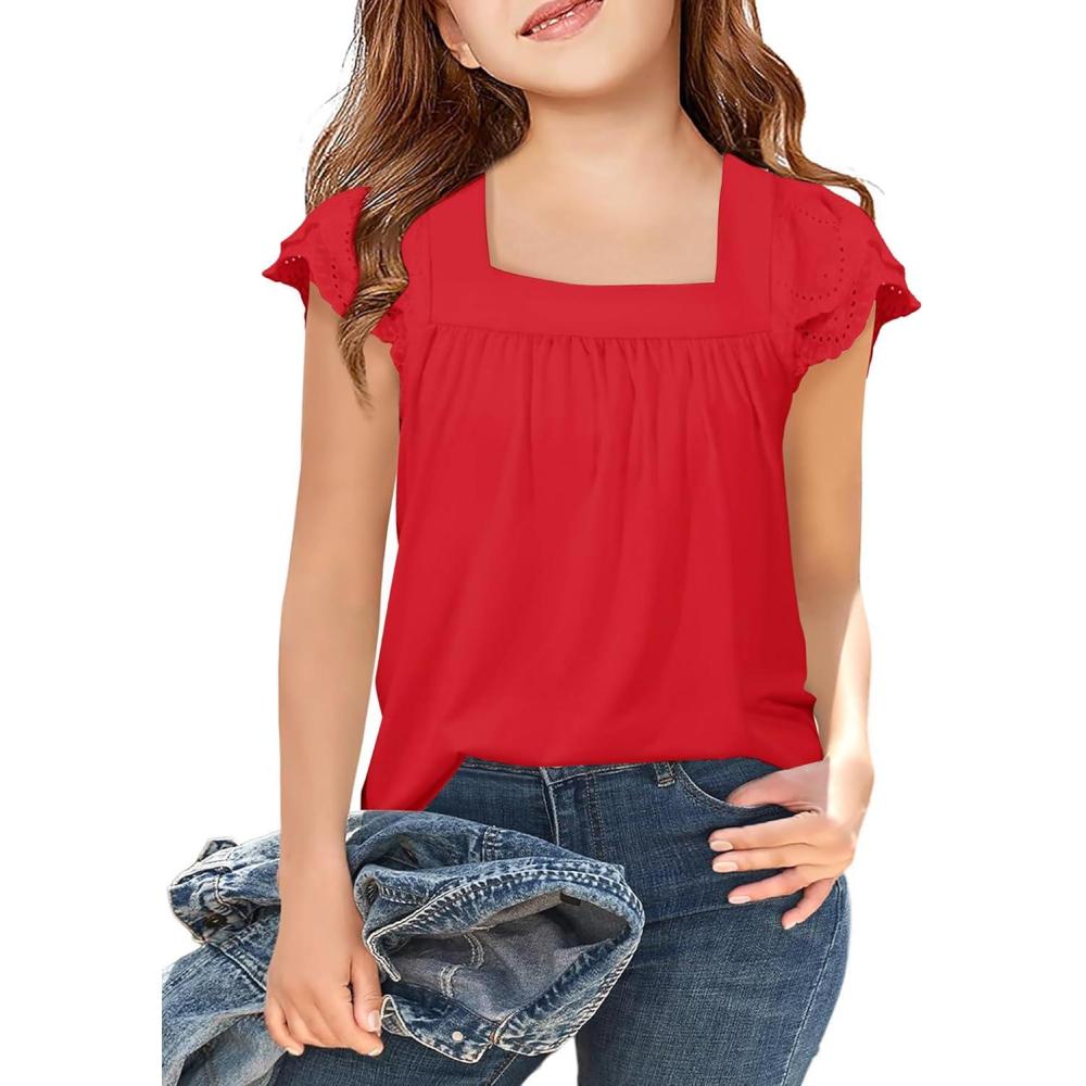image:imageArshiner Girls Shirts Short Sleeve Square Neck Summer Lace Openwork Pleated Tops Blouse TunicRed