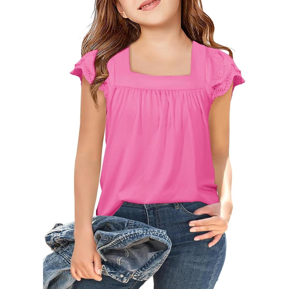 image:imageArshiner Girls Shirts Short Sleeve Square Neck Summer Lace Openwork Pleated Tops Blouse TunicRose Red