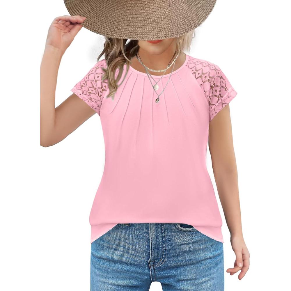 image:imageArshiner Girls Shirts Short Sleeves Lace Pleated Kids Summer Tops Casual Crewneck Blouses TeesPink