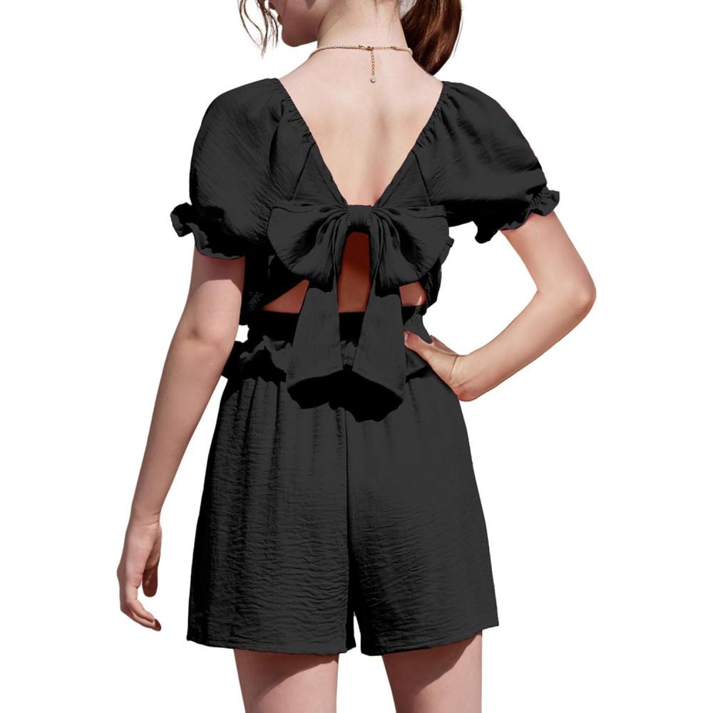 image:imageArshiner Girls Short Set 2 Piece Summer Boho Clothes TieBack Puff Sleeve Top and Shorts with Pockets for 514 YearsBlack