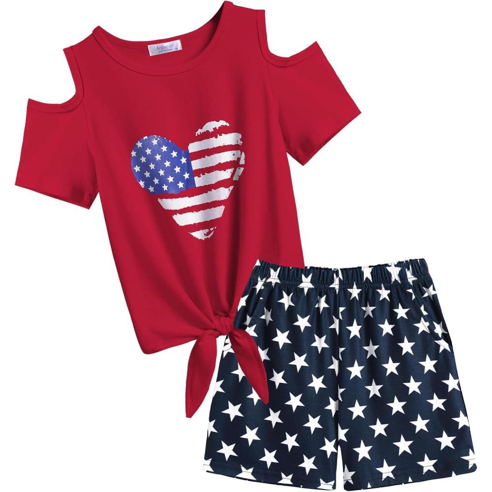 image:imageArshiner Girls Short Sets 2 Pieces Outfits Short Sleeve Tie Knot TShirts and Casual Shorts With Pockets Cute Clothes SetsAmerican Flag