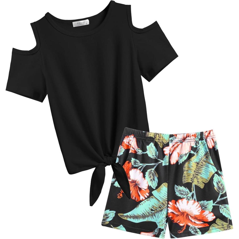 image:imageArshiner Girls Short Sets 2 Pieces Outfits Short Sleeve Tie Knot TShirts and Casual Shorts With Pockets Cute Clothes SetsBlack Hawaii Flower