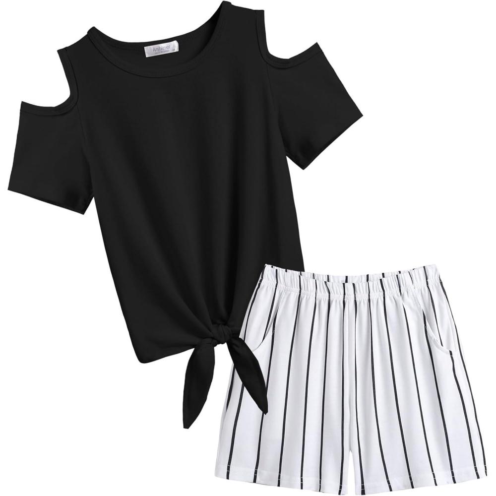 image:imageArshiner Girls Short Sets 2 Pieces Outfits Short Sleeve Tie Knot TShirts and Casual Shorts With Pockets Cute Clothes SetsBlack and White