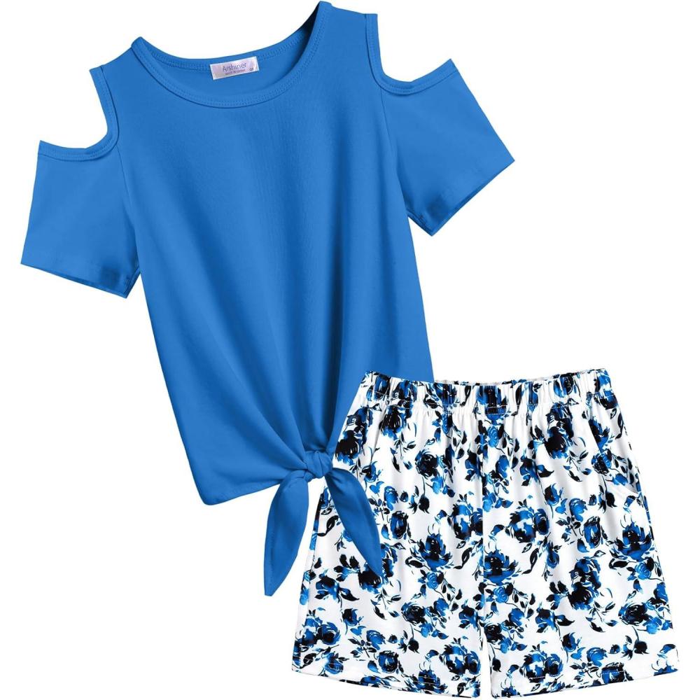 image:imageArshiner Girls Short Sets 2 Pieces Outfits Short Sleeve Tie Knot TShirts and Casual Shorts With Pockets Cute Clothes SetsBlue Floral Print 2