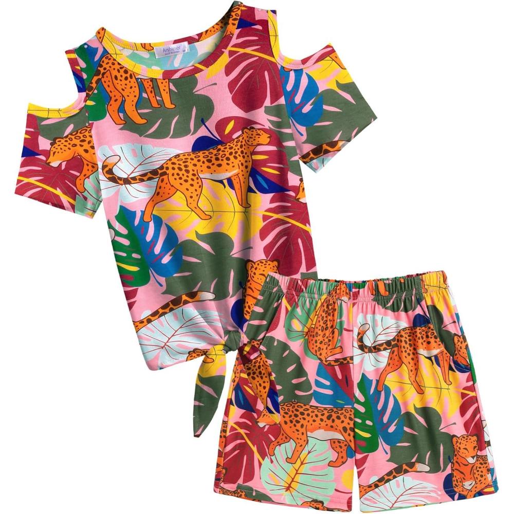 image:imageArshiner Girls Short Sets 2 Pieces Outfits Short Sleeve Tie Knot TShirts and Casual Shorts With Pockets Cute Clothes SetsHawaiian