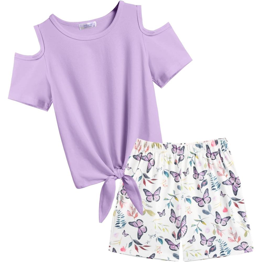 image:imageArshiner Girls Short Sets 2 Pieces Outfits Short Sleeve Tie Knot TShirts and Casual Shorts With Pockets Cute Clothes SetsPurple Butterfly