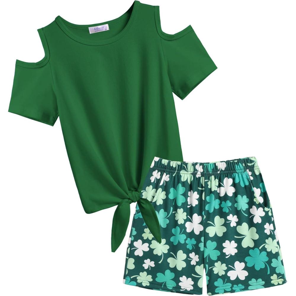 image:imageArshiner Girls Short Sets 2 Pieces Outfits Short Sleeve Tie Knot TShirts and Casual Shorts With Pockets Cute Clothes SetsShamrock