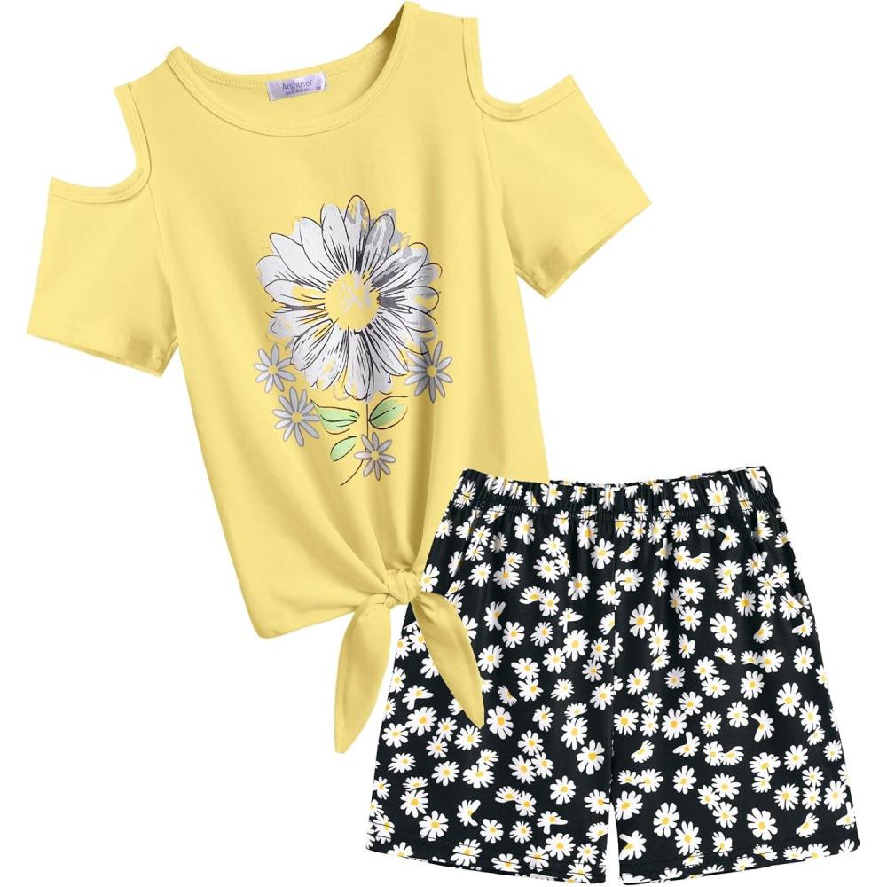 image:imageArshiner Girls Short Sets 2 Pieces Outfits Short Sleeve Tie Knot TShirts and Casual Shorts With Pockets Cute Clothes SetsYellow Daisy Print 1