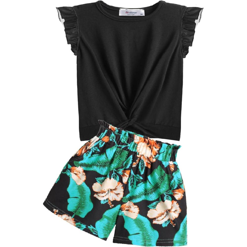 image:imageArshiner Girls Shorts Sets 2 Pieces Outfits Twist Front Ruffle Sleeve TShirts and Shorts With Pockets Cute Clothes SetsBlack