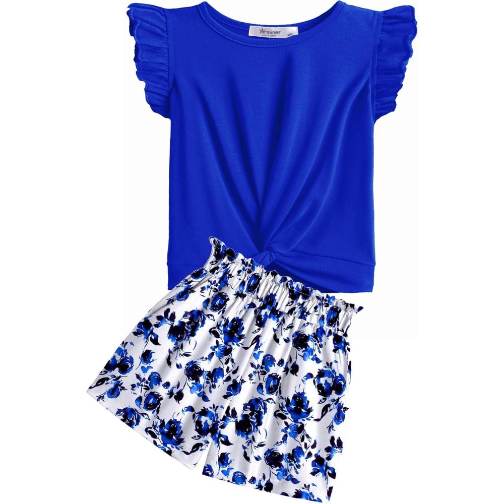 image:imageArshiner Girls Shorts Sets 2 Pieces Outfits Twist Front Ruffle Sleeve TShirts and Shorts With Pockets Cute Clothes SetsBlue
