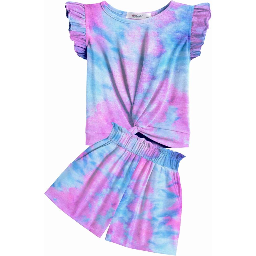 image:imageArshiner Girls Shorts Sets 2 Pieces Outfits Twist Front Ruffle Sleeve TShirts and Shorts With Pockets Cute Clothes SetsBlue Tie Dye