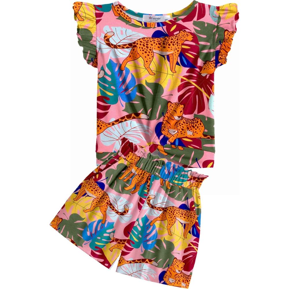 image:imageArshiner Girls Shorts Sets 2 Pieces Outfits Twist Front Ruffle Sleeve TShirts and Shorts With Pockets Cute Clothes SetsHawaiian