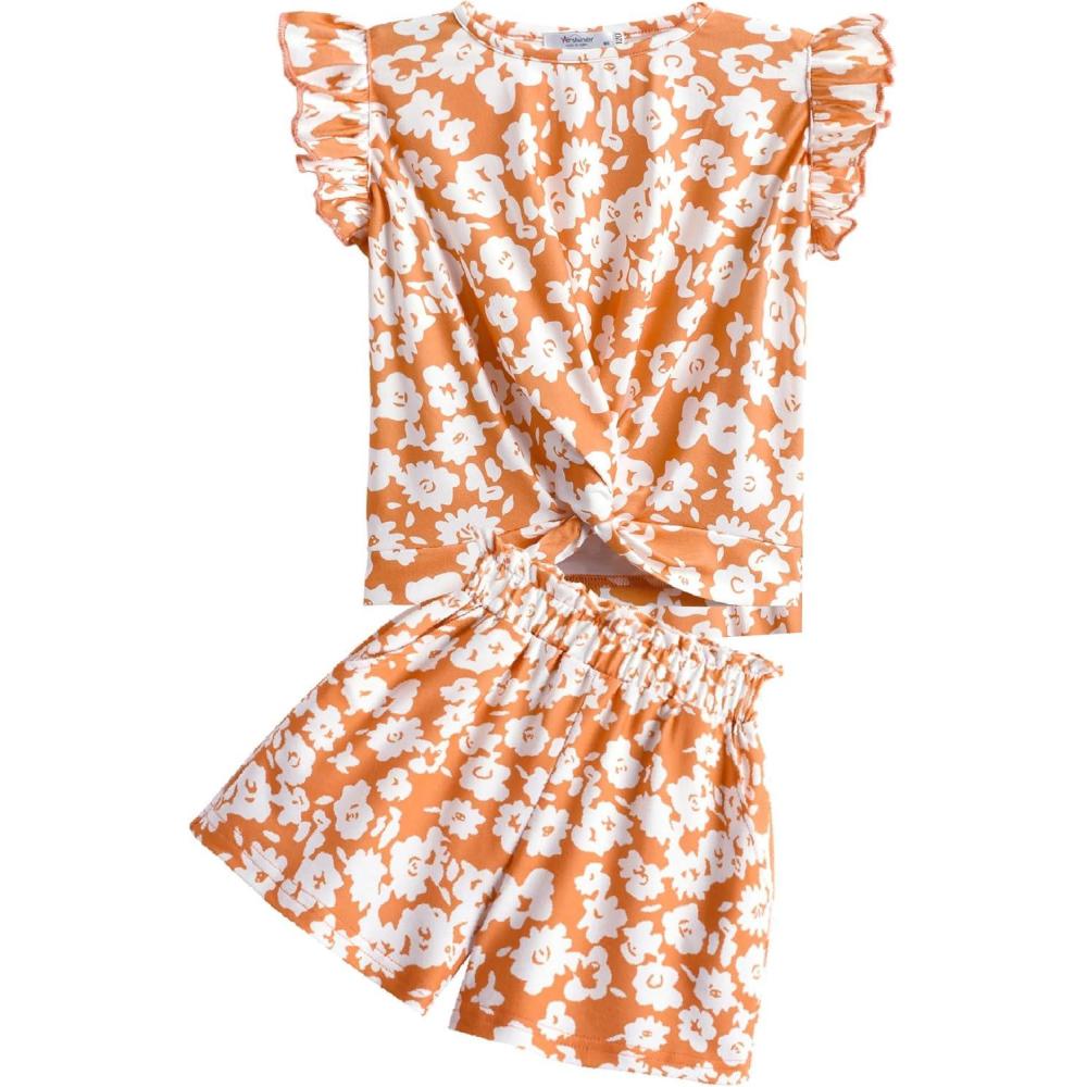 image:imageArshiner Girls Shorts Sets 2 Pieces Outfits Twist Front Ruffle Sleeve TShirts and Shorts With Pockets Cute Clothes SetsOrange Floral Print