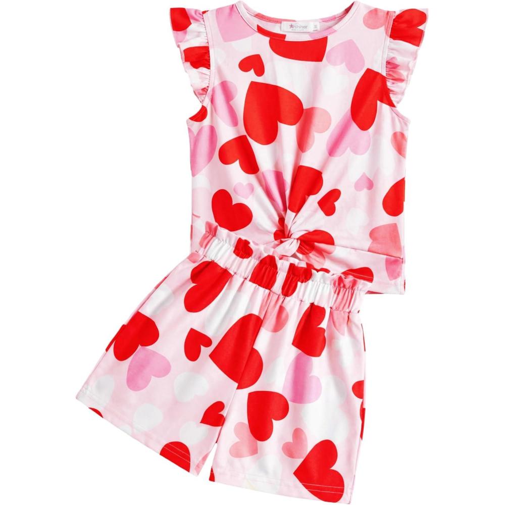 image:imageArshiner Girls Shorts Sets 2 Pieces Outfits Twist Front Ruffle Sleeve TShirts and Shorts With Pockets Cute Clothes SetsRed Heart