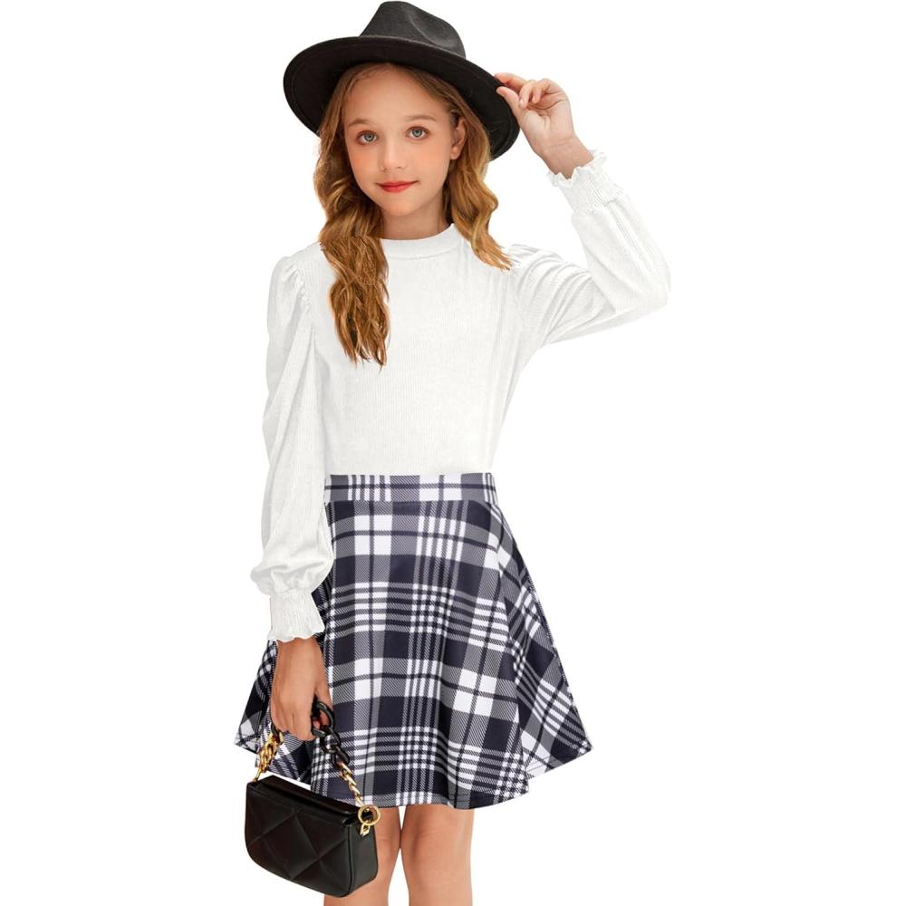 image:imageArshiner Girls Skirt Set Knit Puff Sleeve Turtleneck Sweater Tops and Flared Mini Skirts with Pockets Clothing SetsWhite and Plaid 3