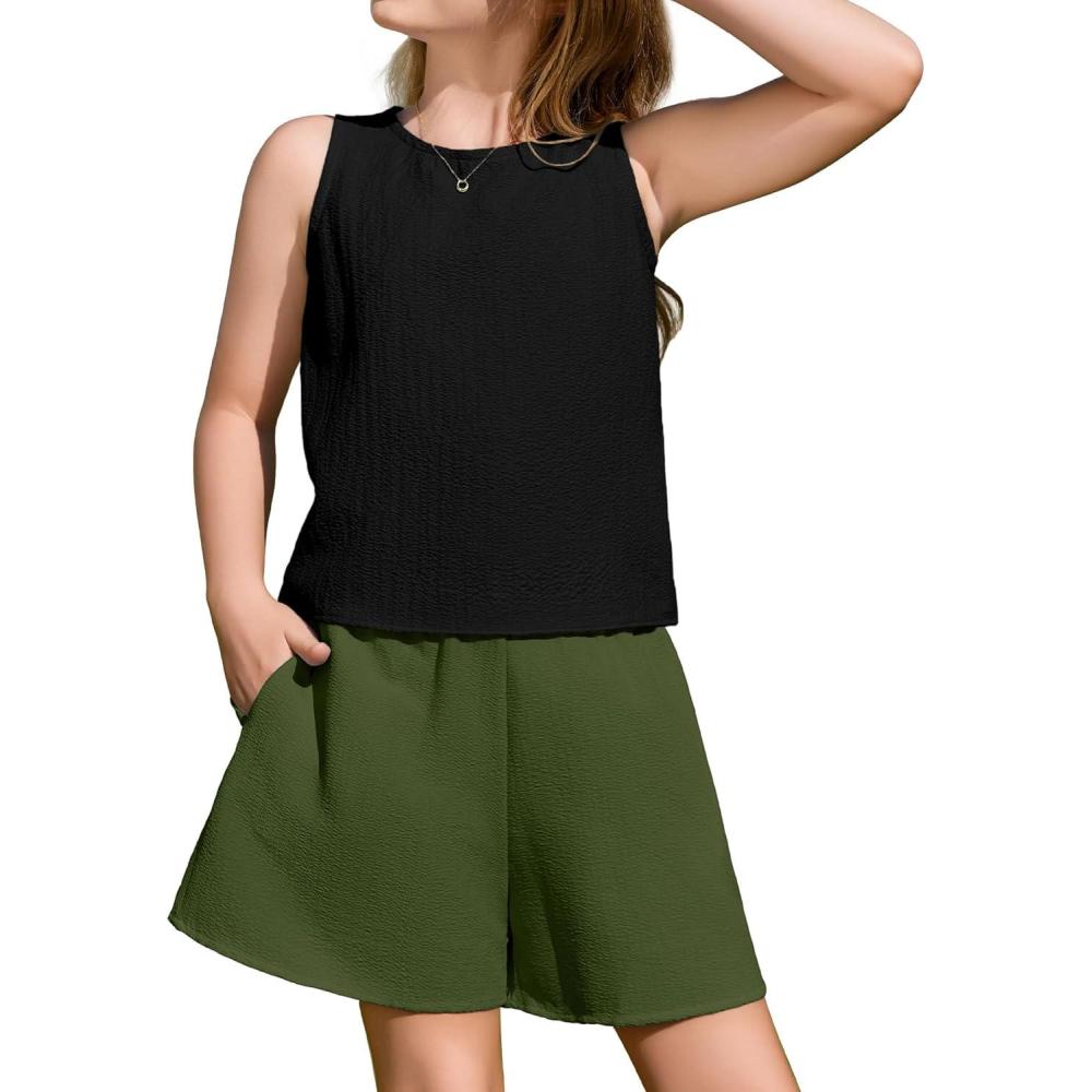 image:imageArshiner Girls Summer 2 Piece Outfit Sleeveless Top and Paperbag Waist Shorts with Pockets Kids Shorts Set Ages 513Army Green