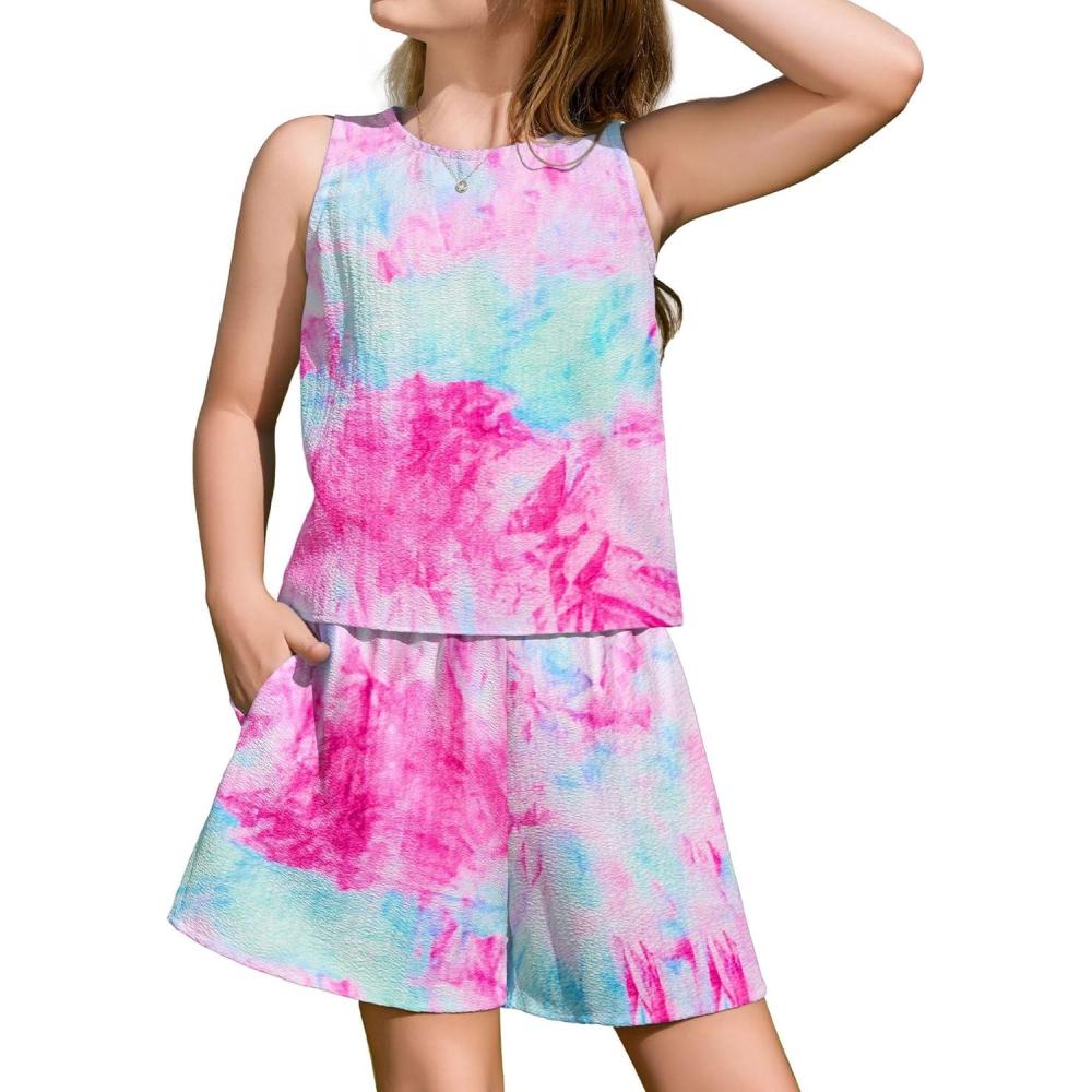 image:imageArshiner Girls Summer 2 Piece Outfit Sleeveless Top and Paperbag Waist Shorts with Pockets Kids Shorts Set Ages 513Blue Pink Tie Dye