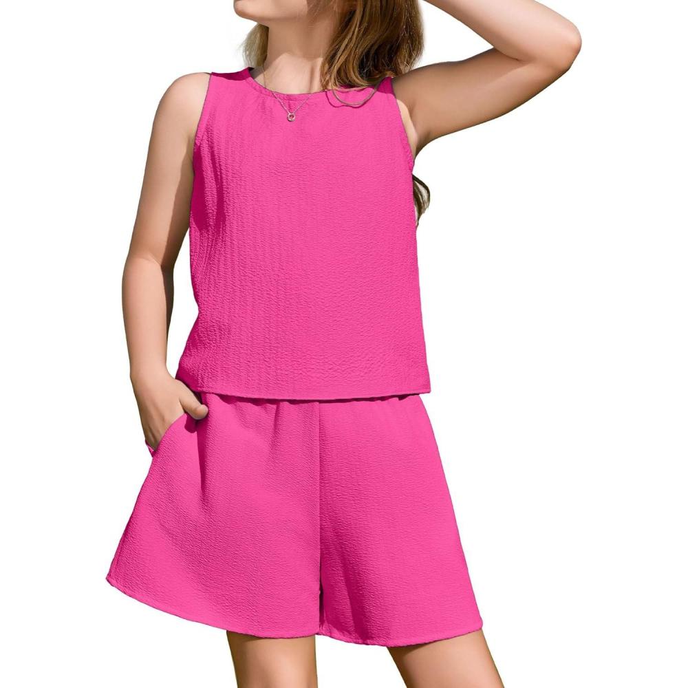 image:imageArshiner Girls Summer 2 Piece Outfit Sleeveless Top and Paperbag Waist Shorts with Pockets Kids Shorts Set Ages 513Hot Pink
