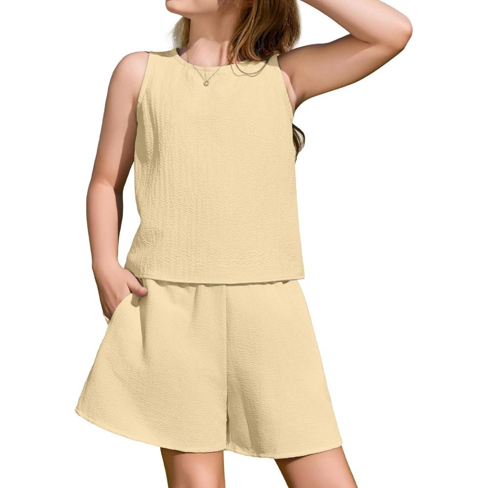 image:imageArshiner Girls Summer 2 Piece Outfit Sleeveless Top and Paperbag Waist Shorts with Pockets Kids Shorts Set Ages 513Kahaki