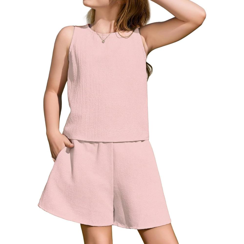 image:imageArshiner Girls Summer 2 Piece Outfit Sleeveless Top and Paperbag Waist Shorts with Pockets Kids Shorts Set Ages 513Light Pink