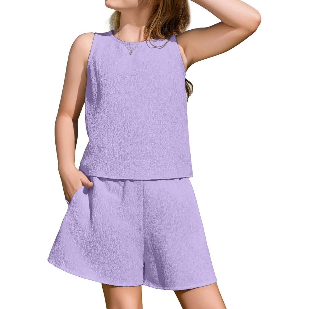 image:imageArshiner Girls Summer 2 Piece Outfit Sleeveless Top and Paperbag Waist Shorts with Pockets Kids Shorts Set Ages 513Purple