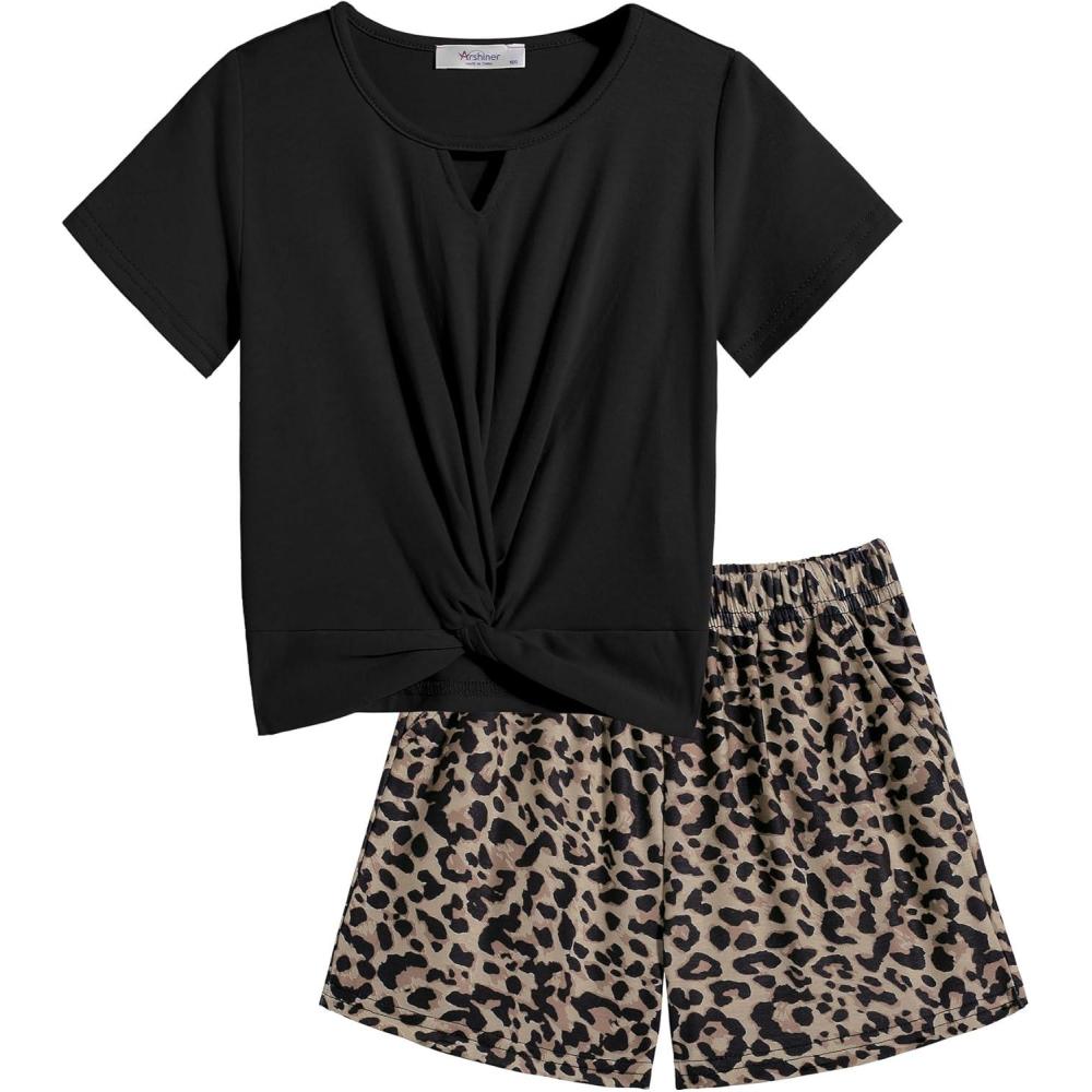 image:imageArshiner Girls Summer 2 Piece Outfits Tie Dye Short Sets Casual Twist Front Short Sleeve Tops and Pant with PocketsBlackleopard