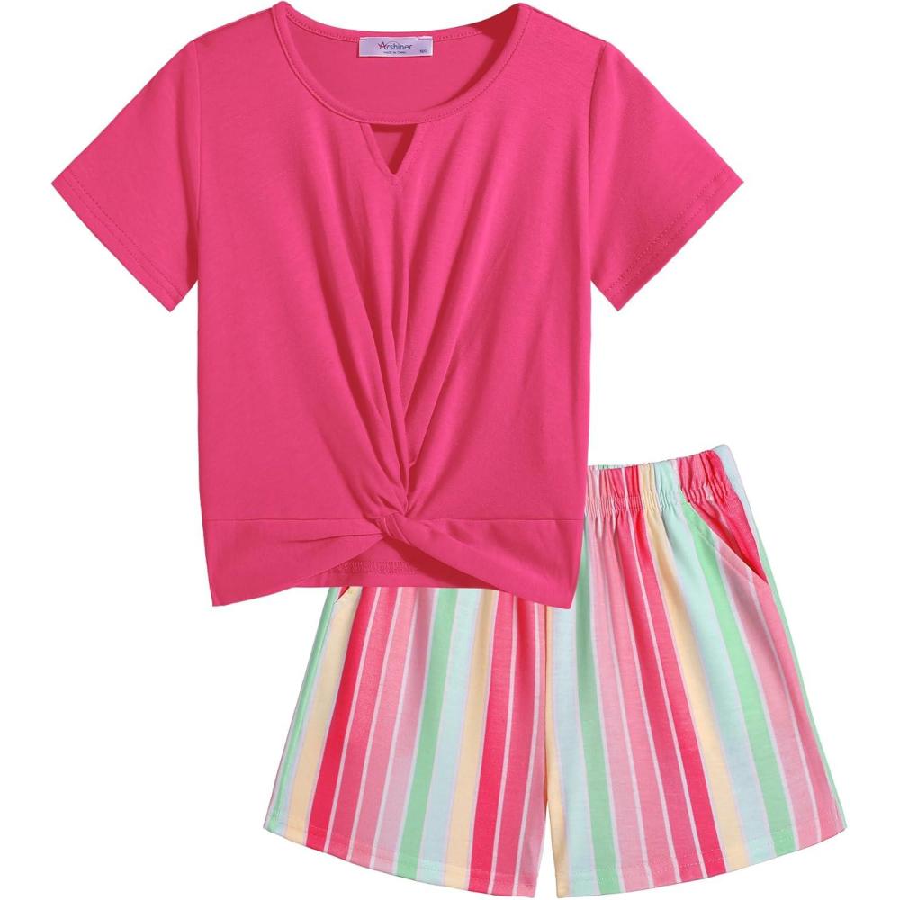 image:imageArshiner Girls Summer 2 Piece Outfits Tie Dye Short Sets Casual Twist Front Short Sleeve Tops and Pant with PocketsPinkstripe