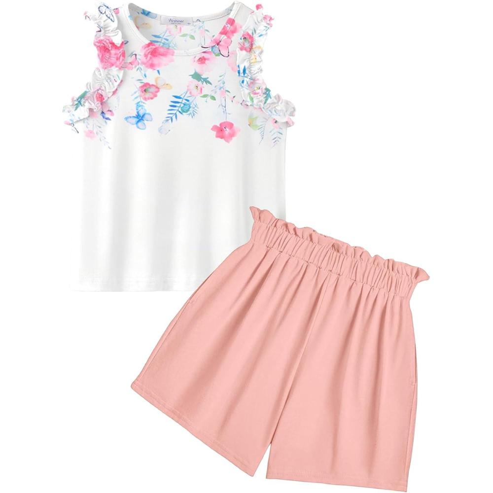 image:imageArshiner Girls Summer Clothes 2 Piece Ruffle Trimmed Sleeveless Tank Top and High Waist Shorts with Pockets Clothing SetsFlowerpink