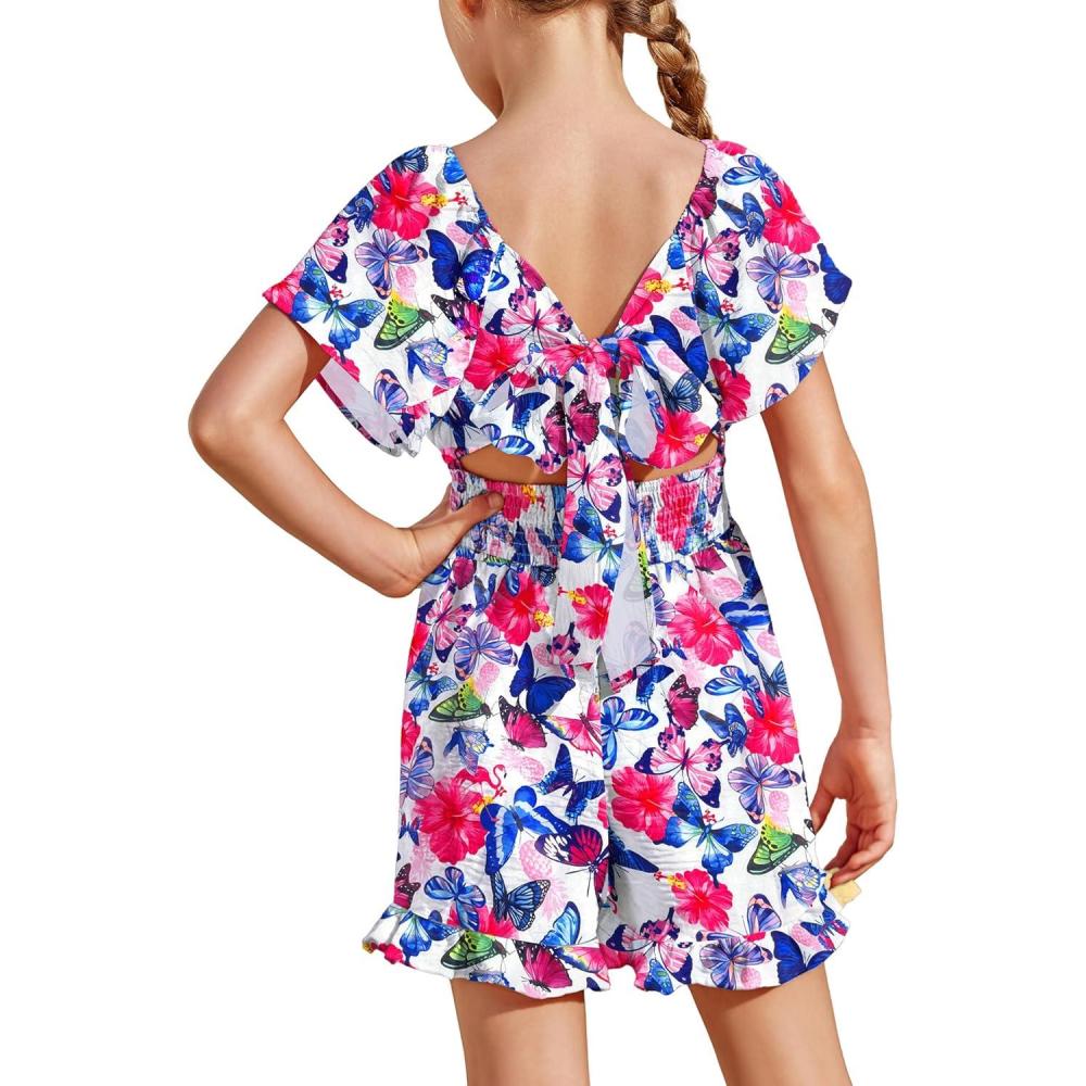 image:imageArshiner Girls Summer Jumpsuits Tie Back Off Shoulder Short Sleeve One Piece Rompers Ruffle Smocked Casual Shorts OutfitsButterfly Pattern