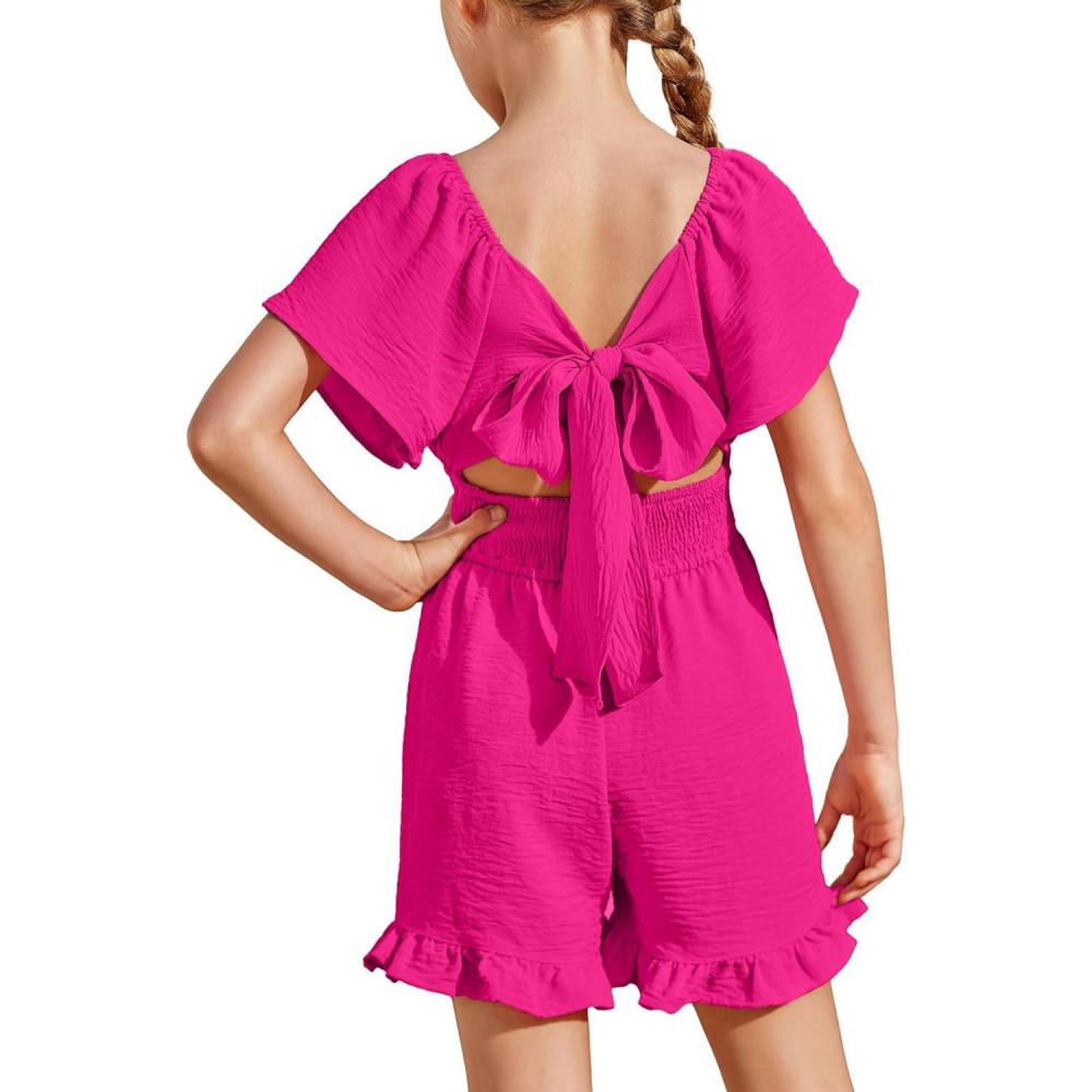 image:imageArshiner Girls Summer Jumpsuits Tie Back Off Shoulder Short Sleeve One Piece Rompers Ruffle Smocked Casual Shorts OutfitsRose Red