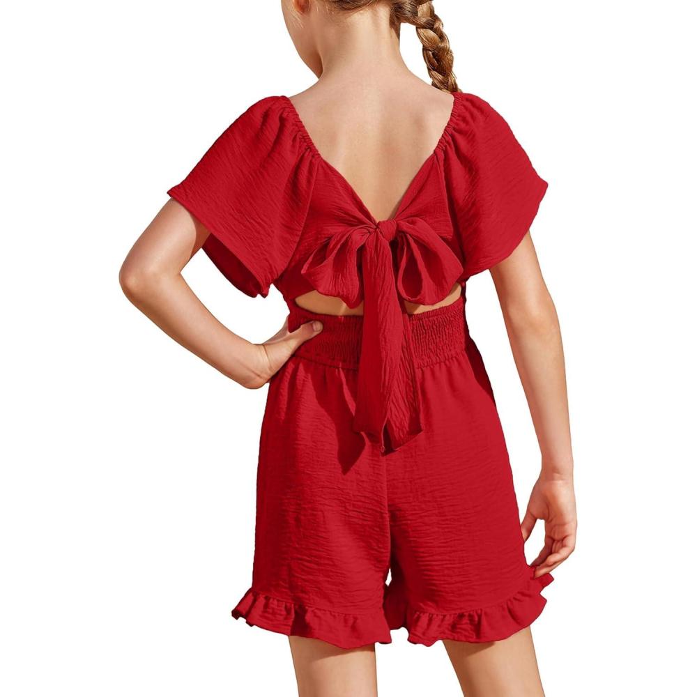 image:imageArshiner Girls Summer Jumpsuits Tie Back Off Shoulder Short Sleeve One Piece Rompers Ruffle Smocked Casual Shorts OutfitsWine Red
