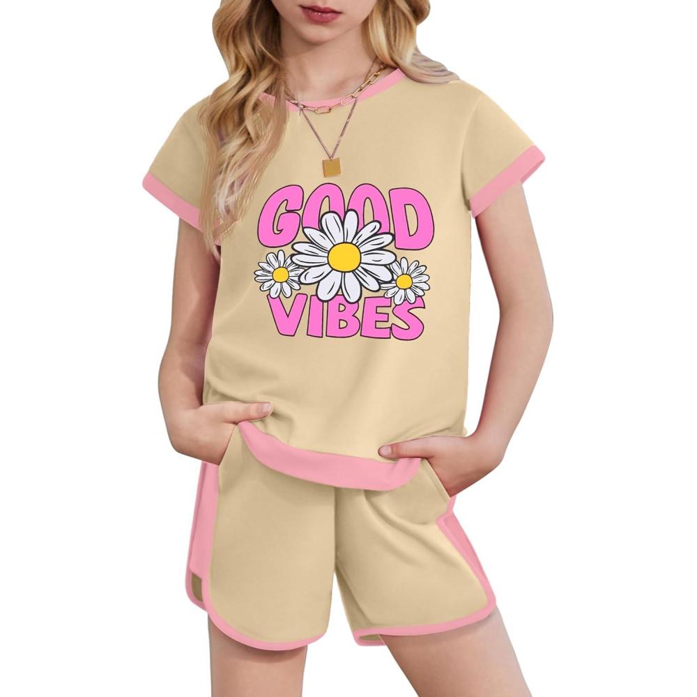 image:imageArshiner Girls Summer Outfits 2 Piece Clothes Color Block Drop Shoulder Sleeve Top and Casual Short Sets ActivewearBeigefloral
