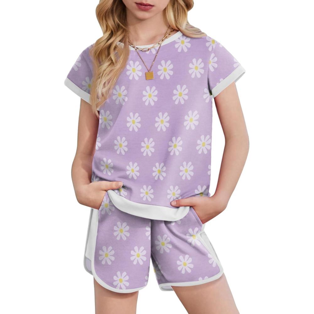 image:imageArshiner Girls Summer Outfits 2 Piece Clothes Color Block Drop Shoulder Sleeve Top and Casual Short Sets ActivewearPurplefloral