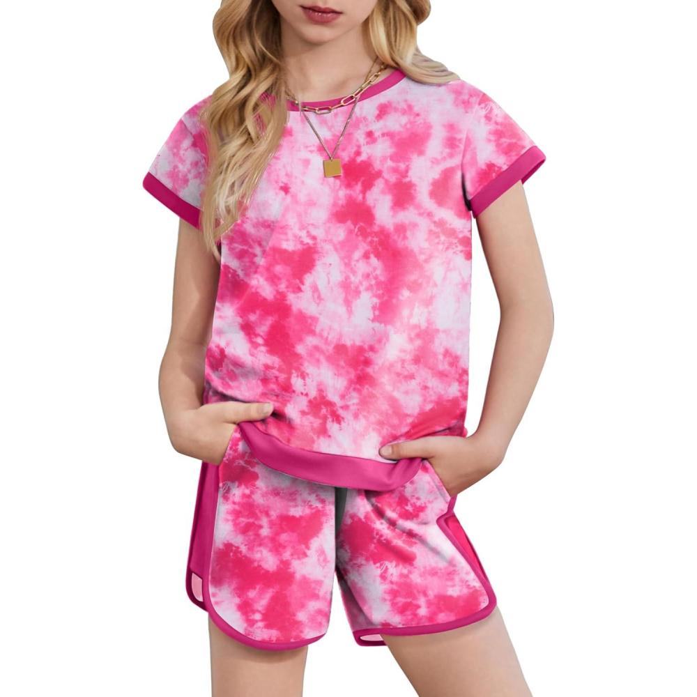 image:imageArshiner Girls Summer Outfits 2 Piece Clothes Color Block Drop Shoulder Sleeve Top and Casual Short Sets ActivewearRose Redtie Dye