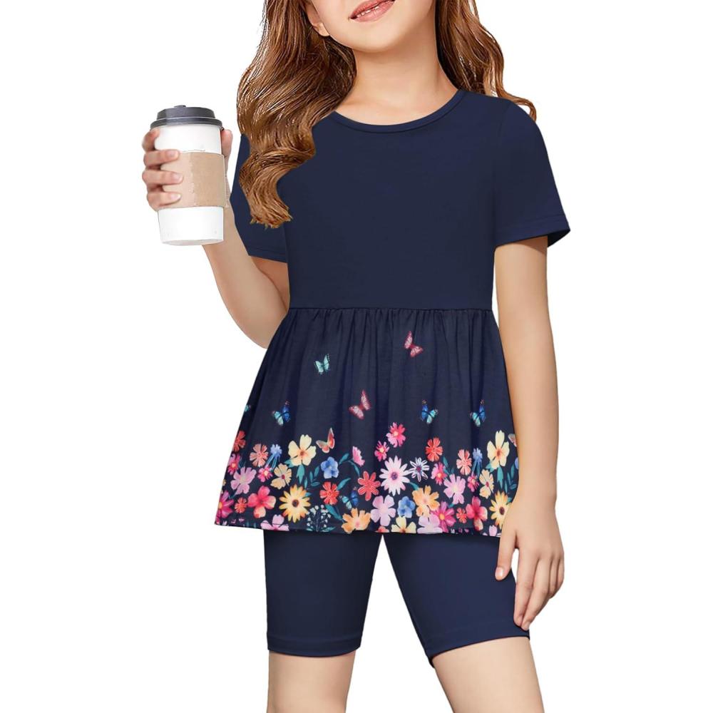 image:imageArshiner Girls Summer Outfits Short Sleeve Ruffle Hem Top and Biker Shorts Set Girl Clothes 614 YearsBlack Floral