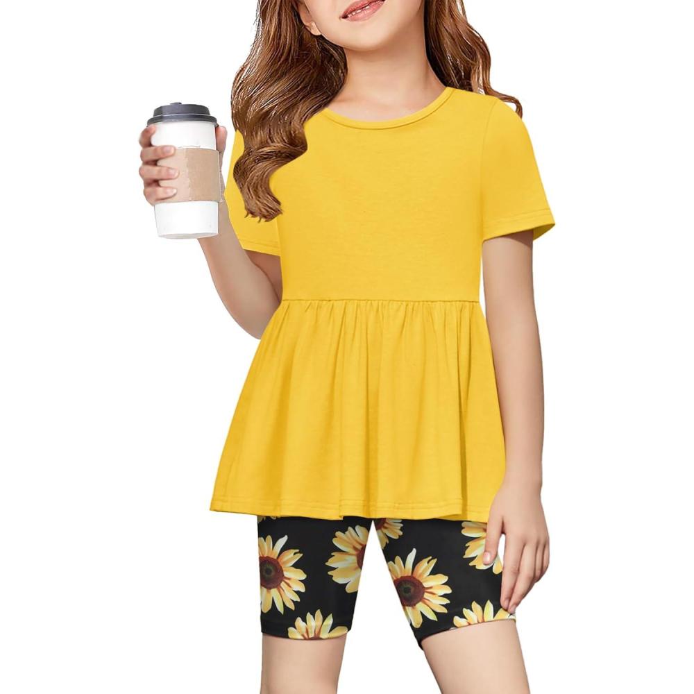image:imageArshiner Girls Summer Outfits Short Sleeve Ruffle Hem Top and Biker Shorts Set Girl Clothes 614 YearsSunflower