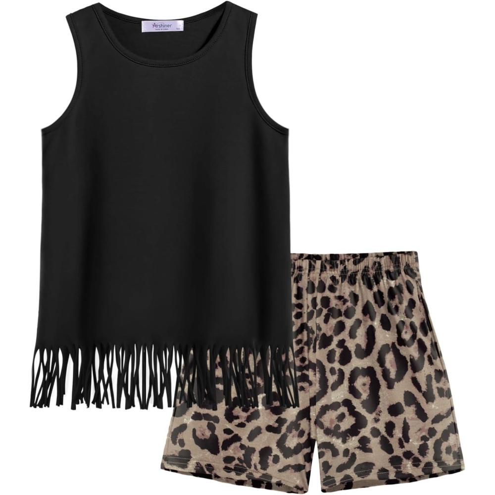 image:imageArshiner Girls Summer Outfits Sleeveless Fringe Tank Top and Elastic Waist Pocketed Shorts Set Girl Clothes 614 YearsLeopard