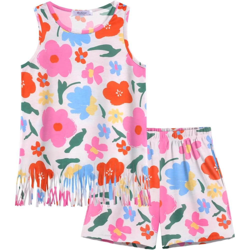 image:imageArshiner Girls Summer Outfits Sleeveless Fringe Tank Top and Elastic Waist Pocketed Shorts Set Girl Clothes 614 YearsMuticolor Floral
