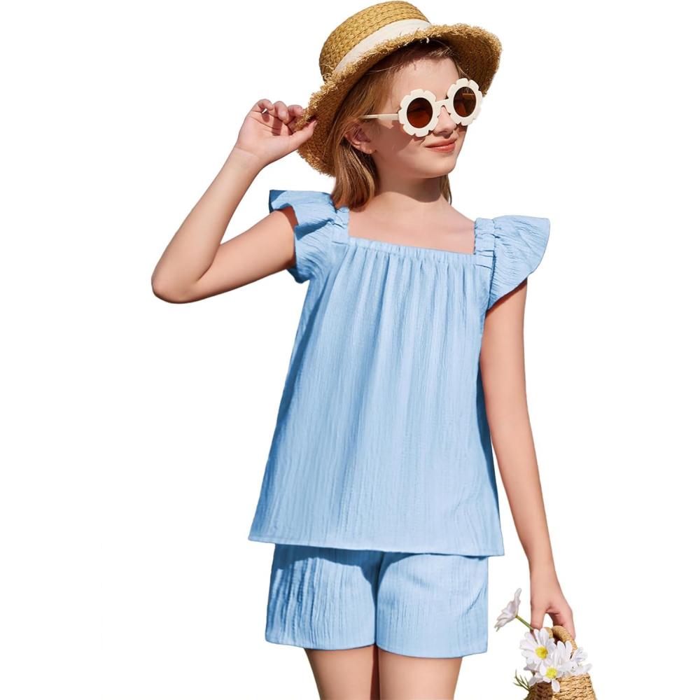 image:imageArshiner Girls Summer Shorts Sets Cap Sleeve Top and Elastic Waist Pocketed Shorts Outfit 2 Piece Clothing SetBlue