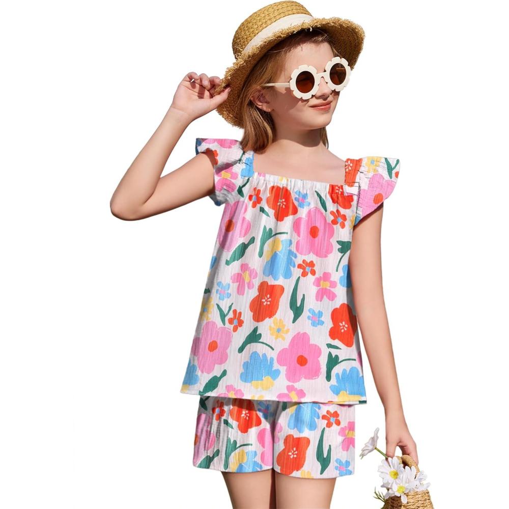 image:imageArshiner Girls Summer Shorts Sets Cap Sleeve Top and Elastic Waist Pocketed Shorts Outfit 2 Piece Clothing SetBluePink Floral