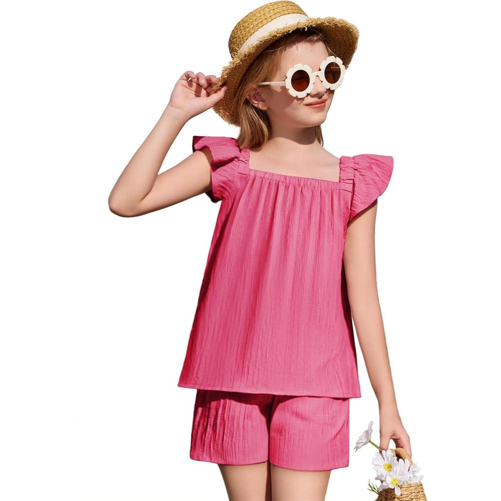 image:imageArshiner Girls Summer Shorts Sets Cap Sleeve Top and Elastic Waist Pocketed Shorts Outfit 2 Piece Clothing SetHot Pink
