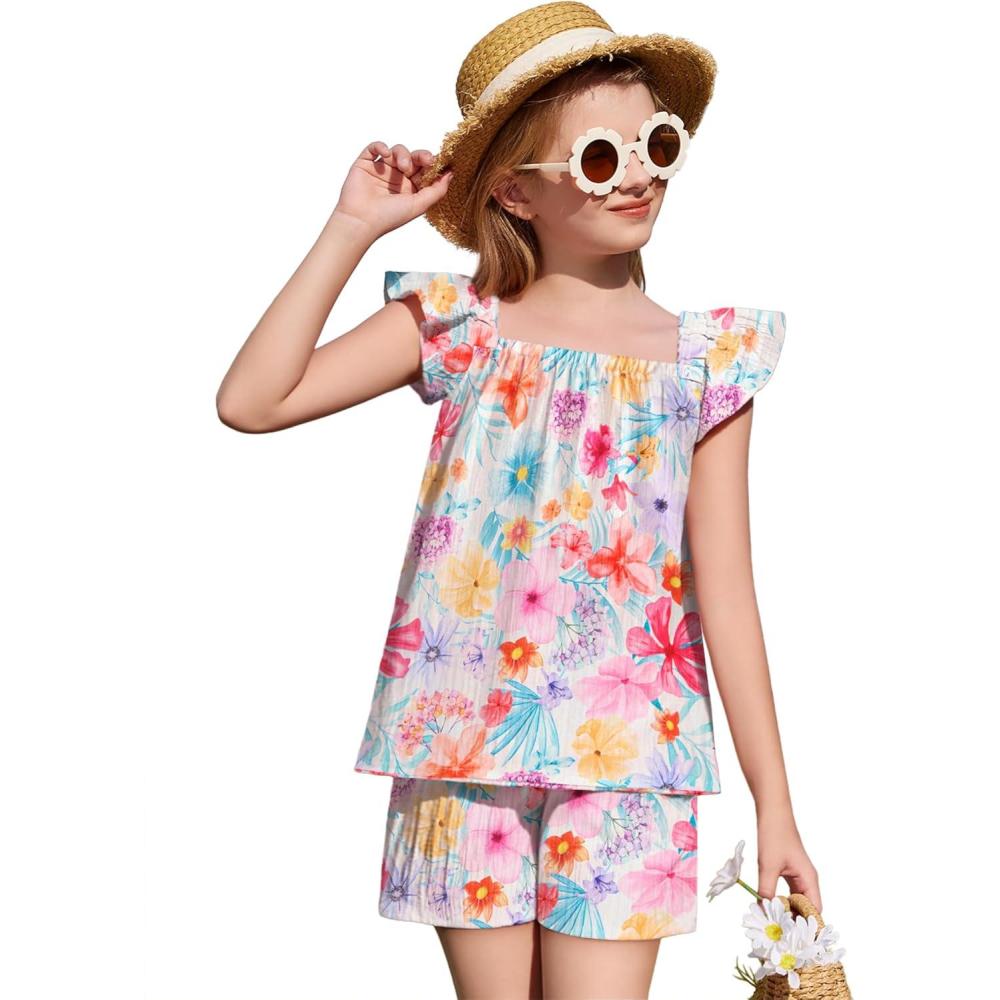 image:imageArshiner Girls Summer Shorts Sets Cap Sleeve Top and Elastic Waist Pocketed Shorts Outfit 2 Piece Clothing SetMuticolor Floral