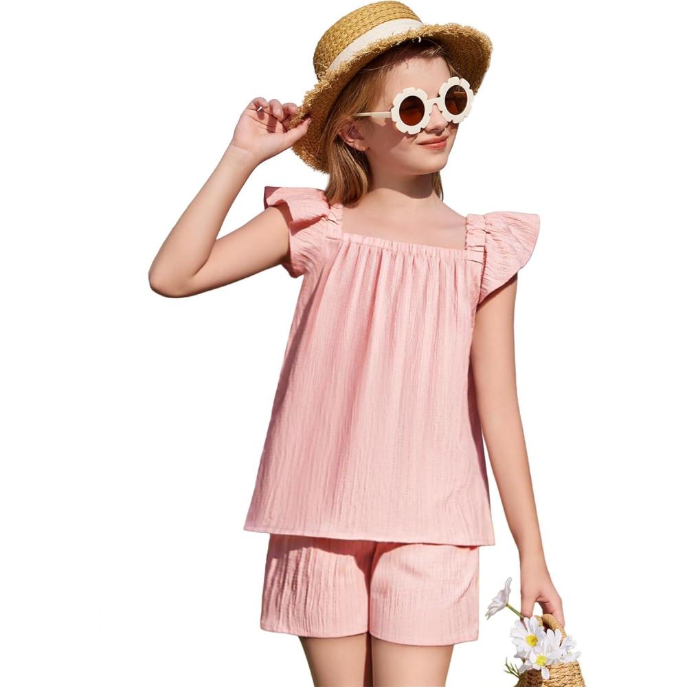 image:imageArshiner Girls Summer Shorts Sets Cap Sleeve Top and Elastic Waist Pocketed Shorts Outfit 2 Piece Clothing SetPink