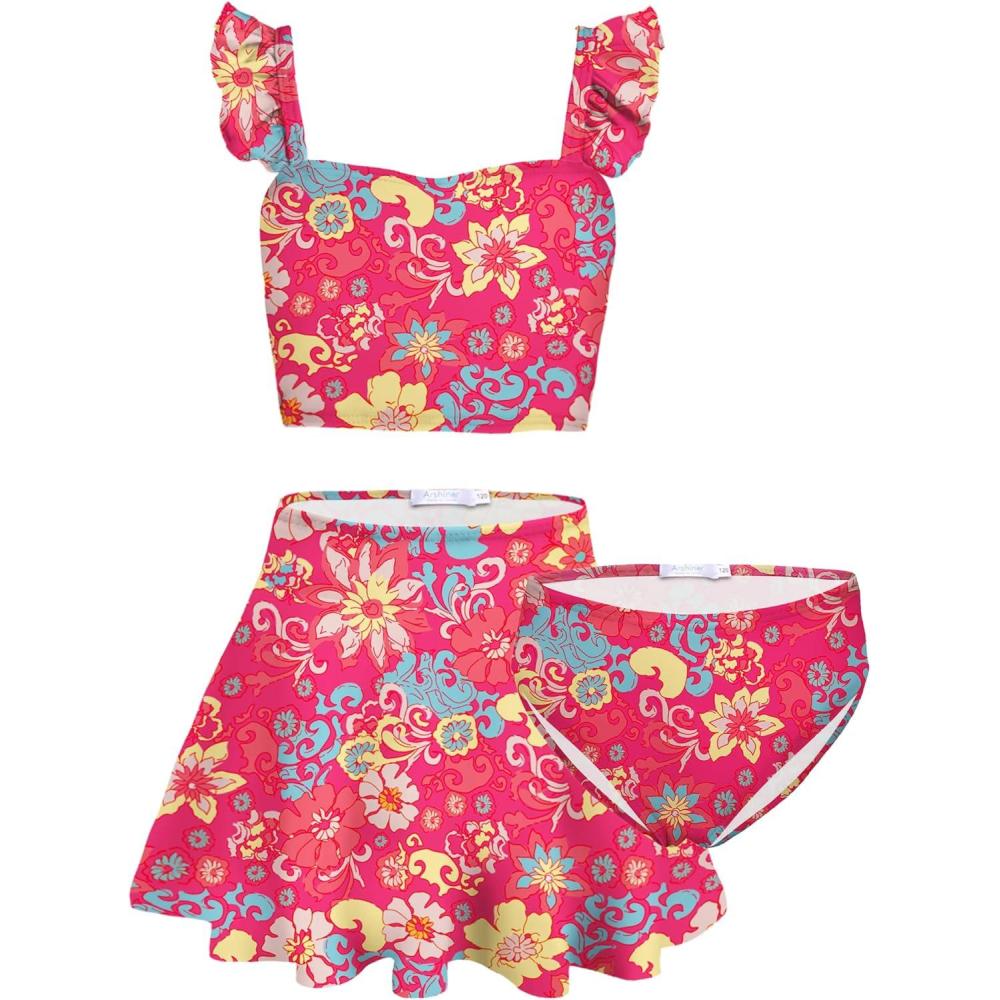 image:imageArshiner Girls Swimsuit 3 Piece Bathing Suits Cute Bikini Tankini Sets Teen Ruffle Swimwear with Cover Up SkirtFlowersred