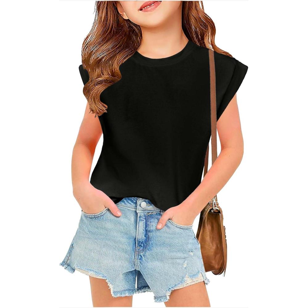 image:imageArshiner Girls T Shirts Cap Sleeves Casual Summer Tops Crewneck Tank Loose Fit Fashion Blouse TeeBlack