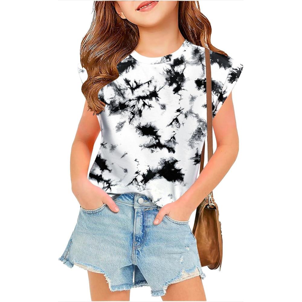 image:imageArshiner Girls T Shirts Cap Sleeves Casual Summer Tops Crewneck Tank Loose Fit Fashion Blouse TeeBlackwhite Tie Dye